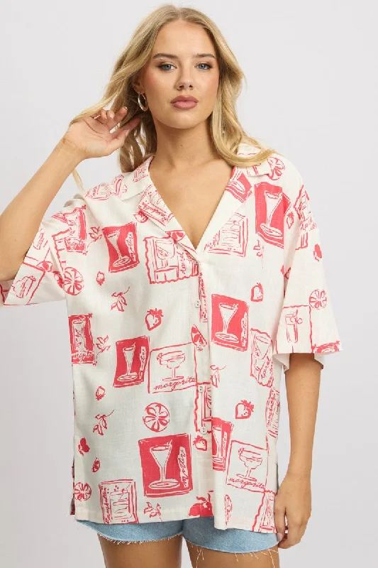 Women's Professional Apparel Red Abstract Relaxed Shirt Short Sleeve Linen Blend