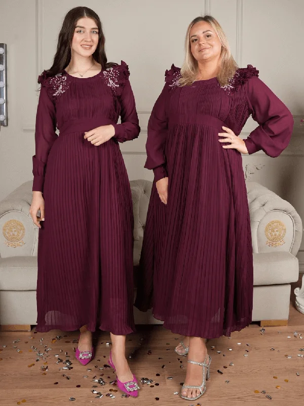 Women's Fashionable Attire For Work Pleated Bunches Dress In Plum