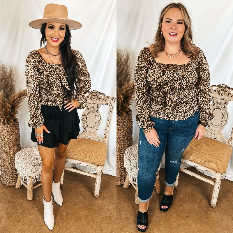 Women's Comfortable Lounge Outfit Drive Them Wild Tie Bust Smocked Crop Top in Leopard Print