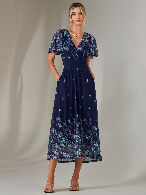 Women's Transitional Attire Wrap Maxi Dress, Navy Floral