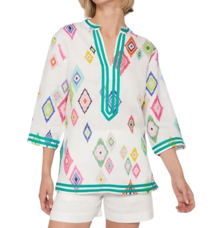 Women's Elegant Apparel Ikat Linen Blouse In White Multi