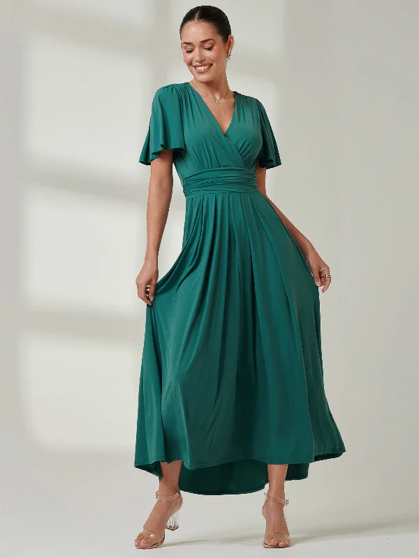 Women's Elegant Outfit Angel Sleeve Super-Smooth Jersey Maxi Dress, Dark Teal