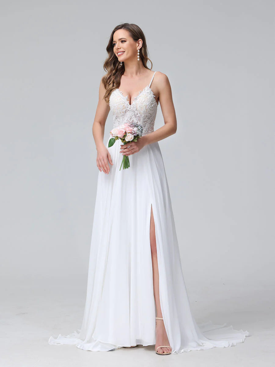 Women's Outfit A-Line Spaghetti Straps V-Neck Sleeveless Long Chiffon Wedding Dresses With Applique Split Side