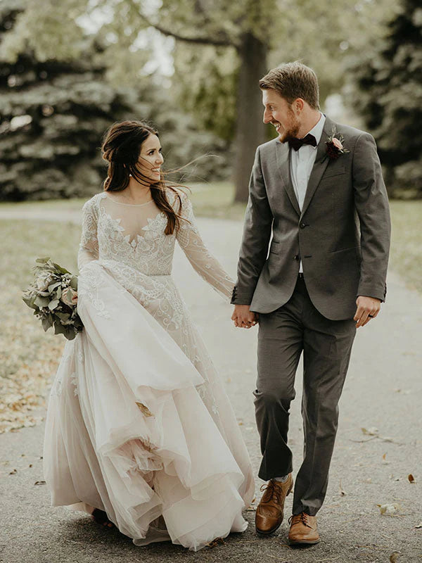Women's Holiday Clothes Wedding Dresses A Line Scoop Neck Long Sleeves Tulle With Applique Zipper Up