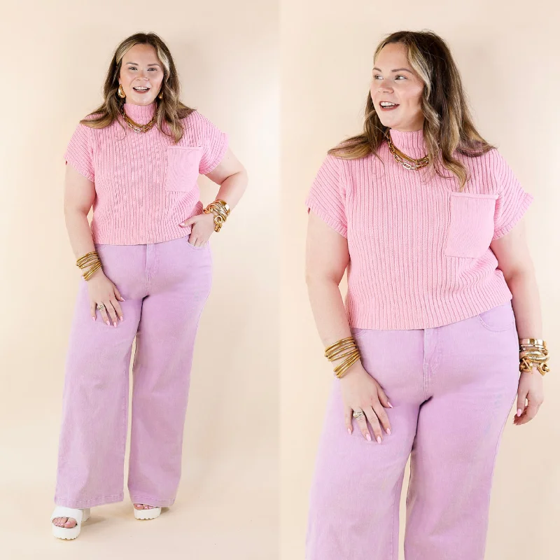 Women's Trendy Clothes City Sights Cap Sleeve Summer Sweater Top with Pocket in Pink