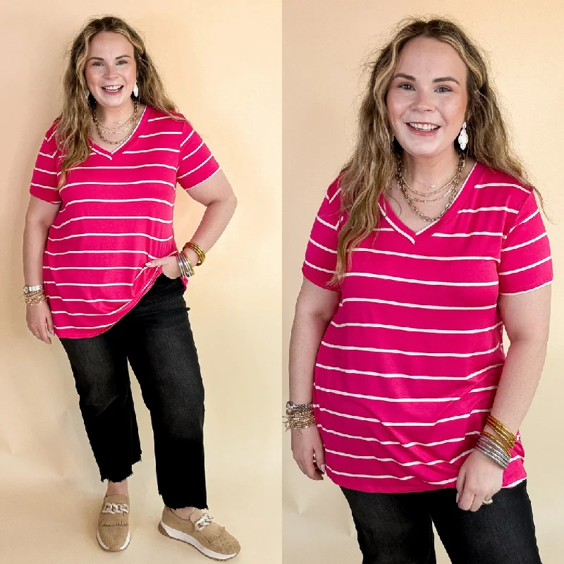 Women's Classic Attire Keep Things Casual Striped V Neck Tee in Fuchsia