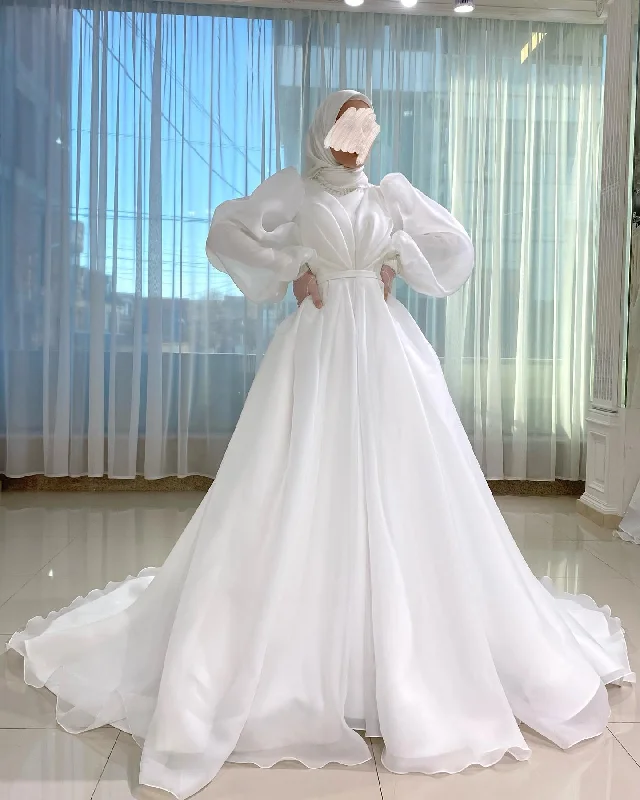 Women's Fashion Clothes White Vestidos De Novia Muslim Wedding Dress for Women Bride White Organza High Neck Islamic Hijab Bridal Gown Puffy Sleeve