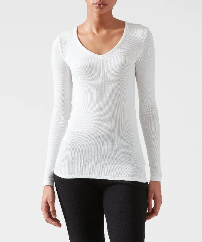 Women's Stylish Outdoor Outfit Modal Rib Long Sleeve V-Neck Tee - White