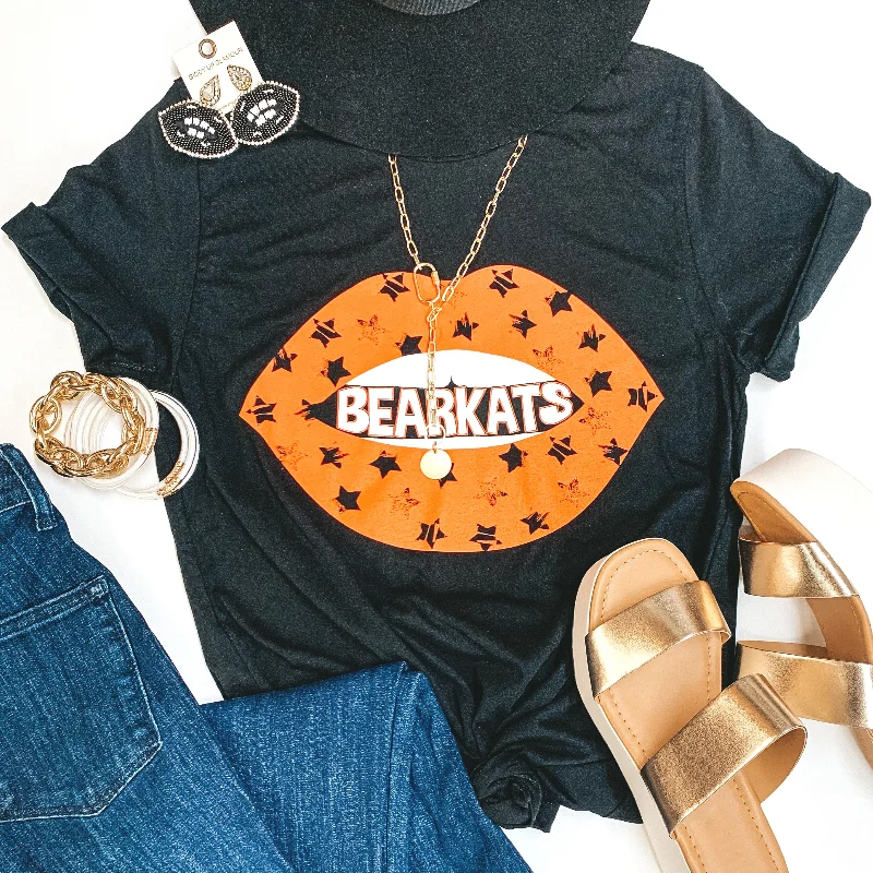 Affordable Trendy Clothes For Women Bearkat Game Day | Bearkats Star Print Lips Short Sleeve Graphic tee in Black