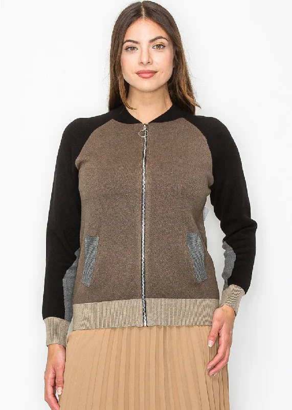 Women's Transitional Apparel Color-Block Taupe Knit Jacket