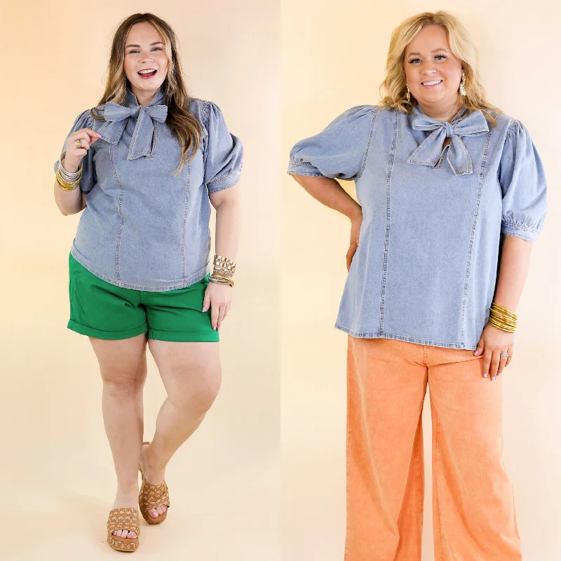 Affordable Luxury Women's Apparel Steal the Show Denim Mock Neck Short Sleeve Top in Light Wash