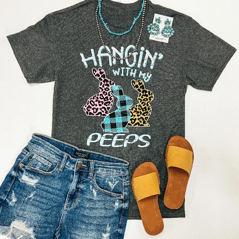 Women's Formal Event Outfit Hangin' With My Peeps Mixed Print Easter Graphic Tee in Charcoal Grey