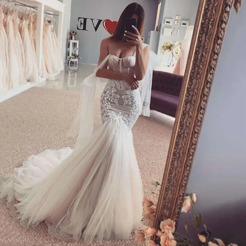 Women's Elegant Clothes Sexy Mermaid Wedding Dresses Champagne Bride Dress Lace off Shoulder Vestido de Noiva Sereia Berta Wedding Gowns