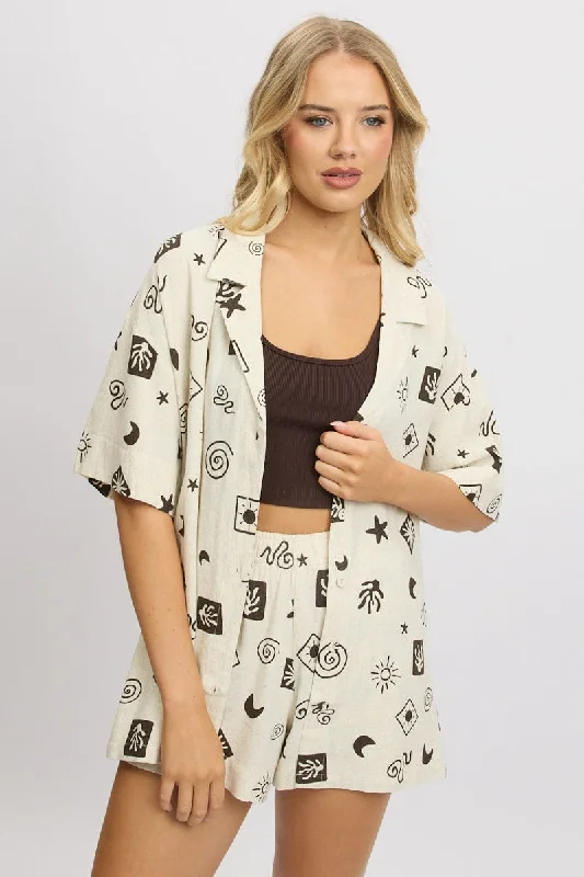 Women's Everyday Apparel Beige Abstract Relaxed Shirt Short Sleeve Linen Blend