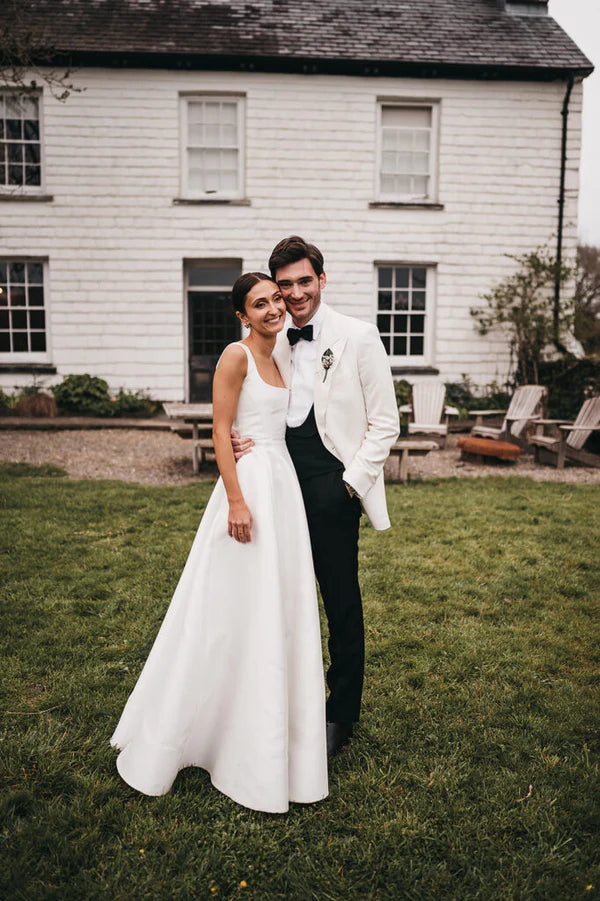 Women's Plus-Size Attire Wedding Dresses Simple A-Line Square Neck White Satin