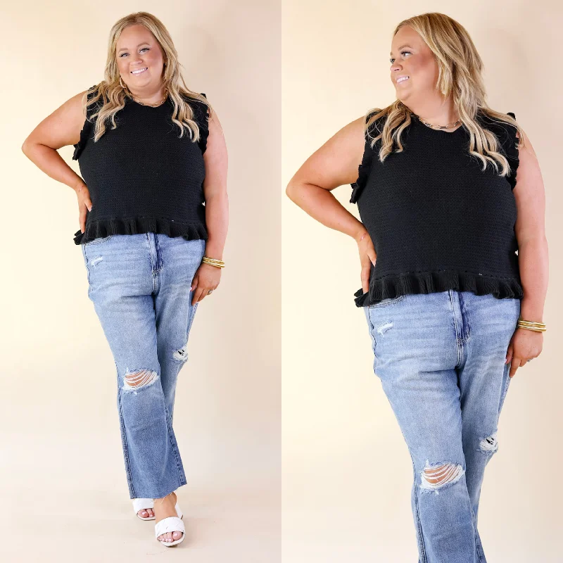 Women's Trendy Activewear Apparel Breezy Baby Cropped Sweater with Ruffle Cap Sleeves in Black