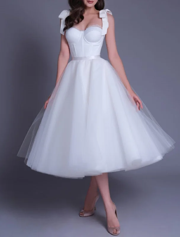 Casual Garments For Women Bridal Shower Little White Dresses Casual Wedding Dresses A-Line Sweetheart Regular Straps Tea Length Lace Bridal Gowns With Sash / Ribbon