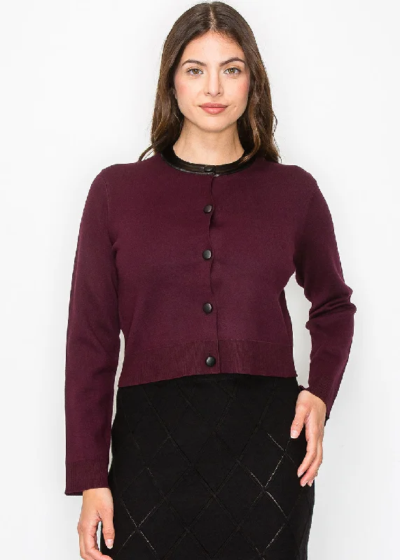 Women's Vintage Clothes Burgundy Knit Cardigan with Elegant Collar Accent