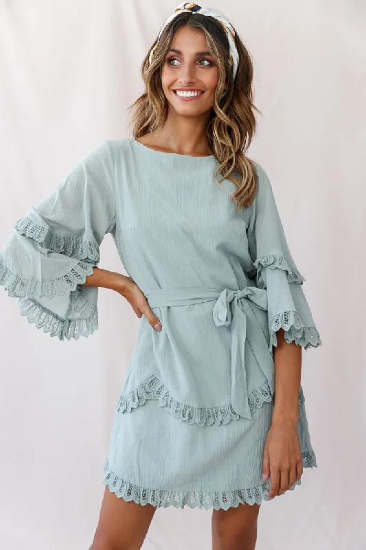 Elegant Clothing For Women Talitha Waist Tie Lace Trim Dress Sage