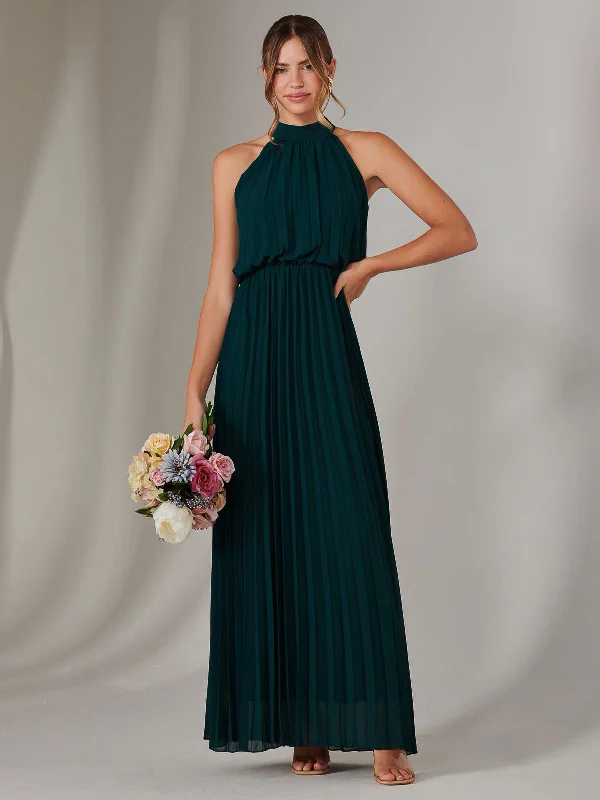 Luxury Women's Clothing Pleated Bridesmaids Maxi Dress, Dark Green