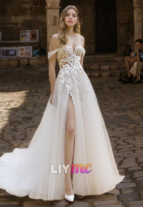 Women's Trendy Attire Sweetheart Sleeveless Appliques Tulle A-Line Wedding Dress