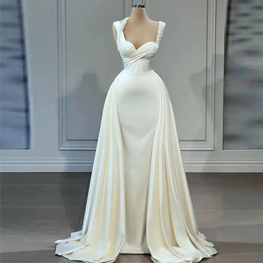 Comfortable Women's Clothing Simple Elegant Wedding Dresses For Woman Square Neck Satin Bridal Gown Sweep Train For Women Custom Made To Measure