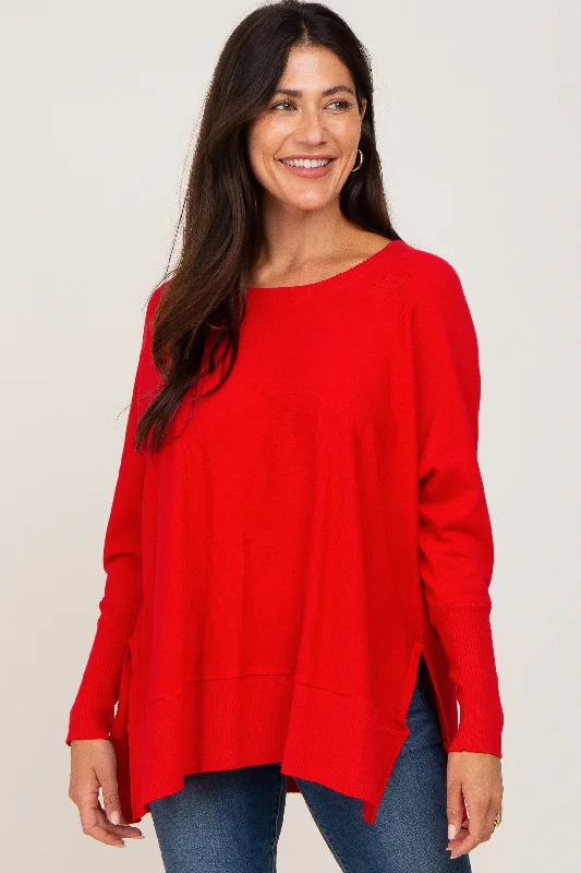 Women's Formal Event Clothing Red Dolman Sleeve Side Slit Sweater