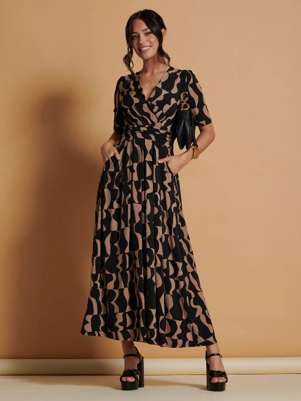 Women's Vintage-Inspired Outfit Jenny Printed Maxi Dress, Brown Pattern