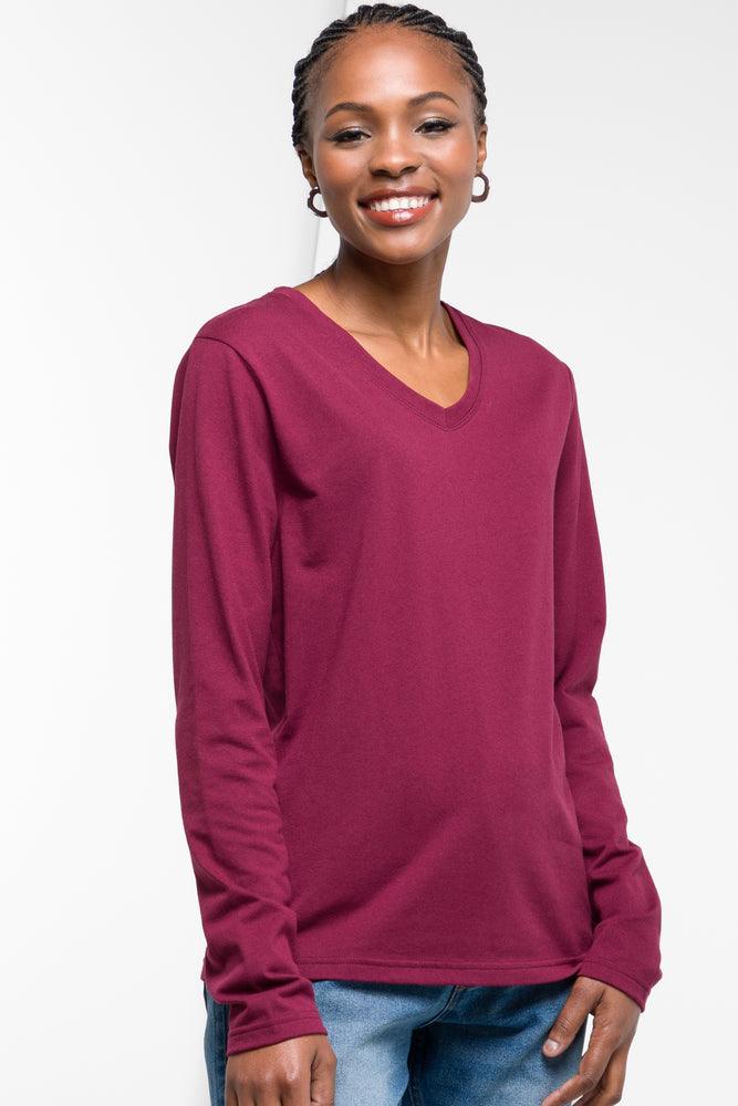 Stylish Outerwear Clothing For Women Long Sleeve V-Neck T-Shirt Burgundy