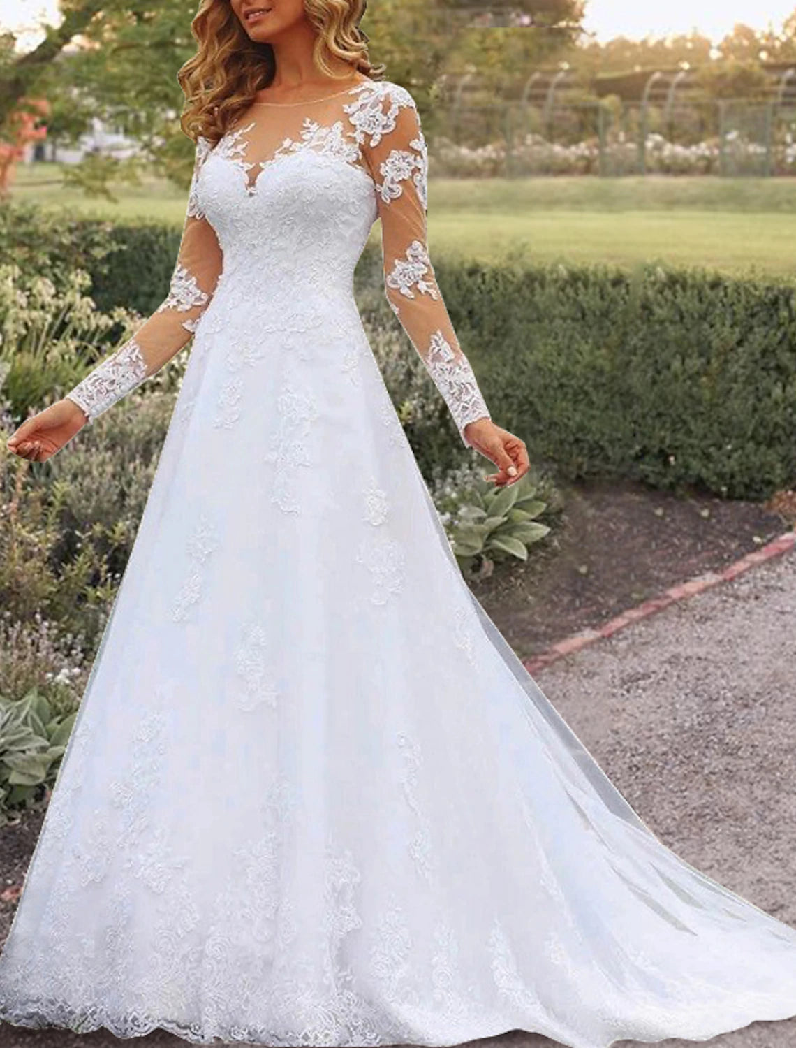 Women's Plus-Size Clothes Open Back Formal Wedding Dresses A-Line Illusion Neck Long Sleeve Court Train Lace Bridal Gowns With Beading Appliques