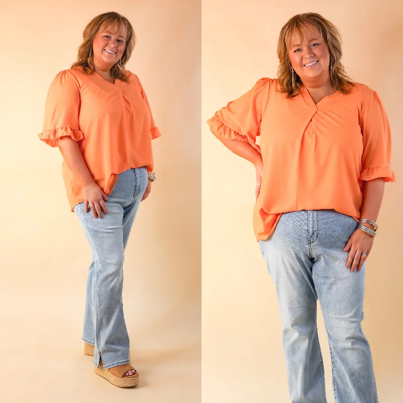 Women's Vacation Outfit Set Radiant Ways Ruffle Short Sleeve Top with V Neckline in Orange