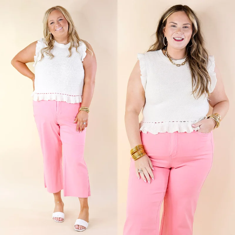 Fashionable Women's Casual Apparel Breezy Baby Cropped Sweater with Ruffle Cap Sleeves in Ivory