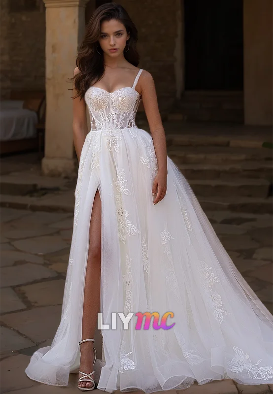 Women's Outerwear Garments Sweetheart Spaghetti Straps Appliques Tulle A-Line Wedding Dress