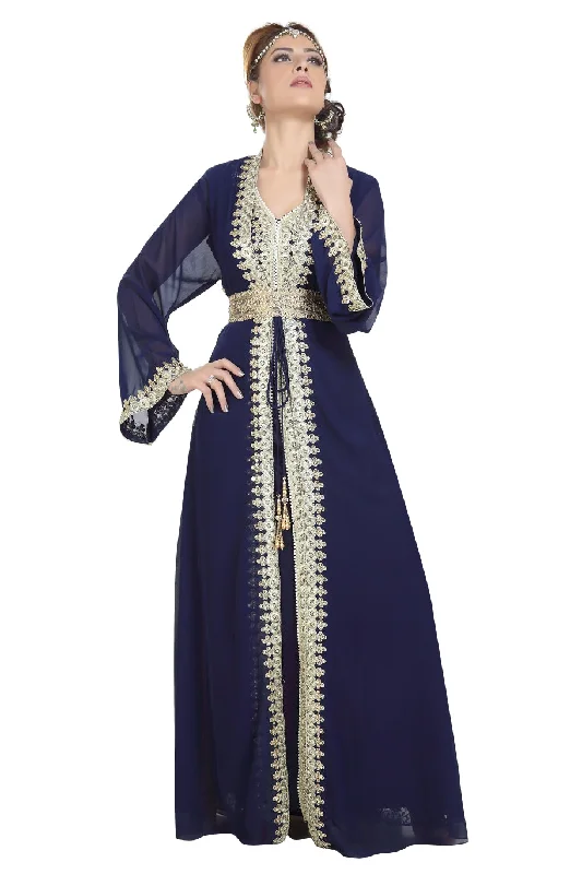 Stylish Outerwear Clothes For Women Kaftan With Golden Lace Work