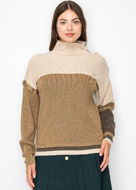 Women's Clothing For Outdoor Activities Camel Knit Sweater with Button Detailing