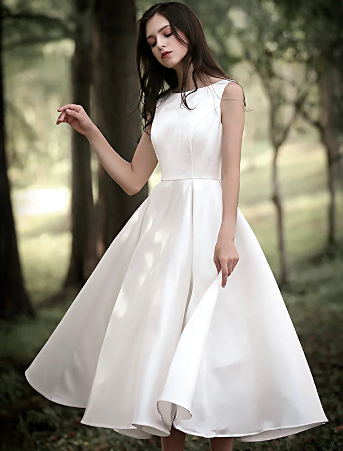 Chic Clothes For Women Reception Little White Dresses Wedding Dresses A-Line Scoop Neck Sleeveless Tea Length Satin Bridal Gowns With