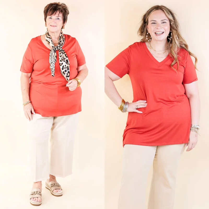 Women's Active Garments For Workouts It's That Simple Solid V Neck Tee in Red Orange Women's Active Garments For Workouts It's That Simple Solid V Neck Tee in Red Orange