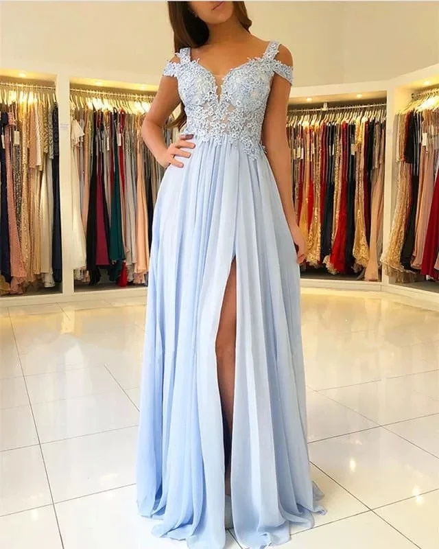 Women's Activewear Garments FashionSierra - Long Side Split Off Shoulder Lace Sky Blue evening Dresses