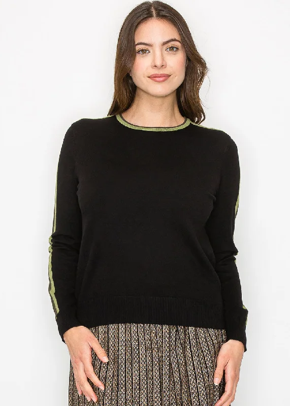 Women's Stylish Outdoor Outfit Black Sweater with Olive Stripe Detail