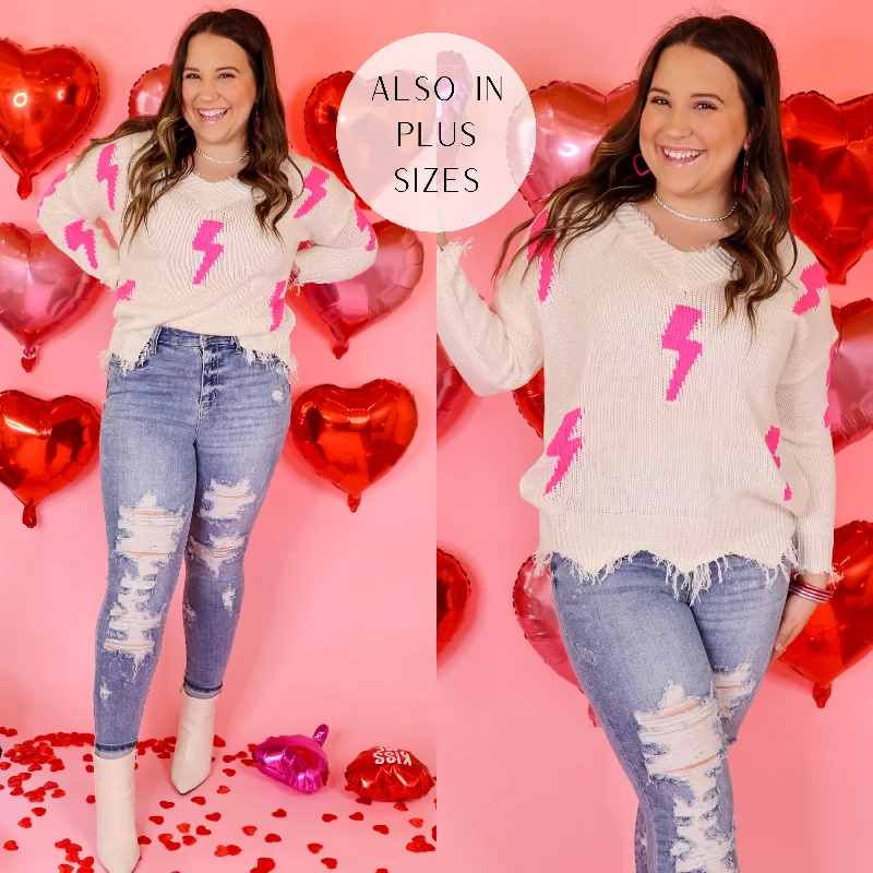Affordable Trendy Clothes For Women Brightest Mindset Neon Pink Lightning Bolt Distressed Trim Sweater with V Neck in Ivory