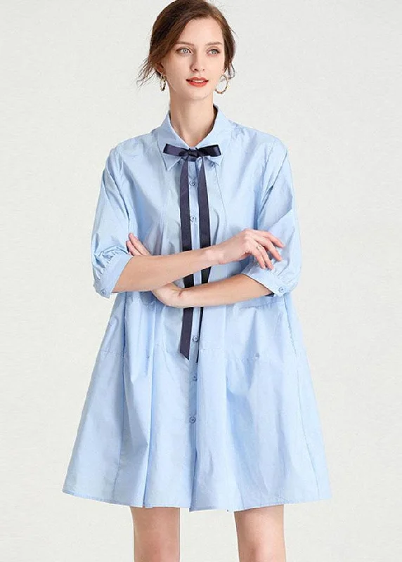 Women's Trendy Casual Outfit Elegant Baby blue PeterPan Collar Button Summer Cotton Dress