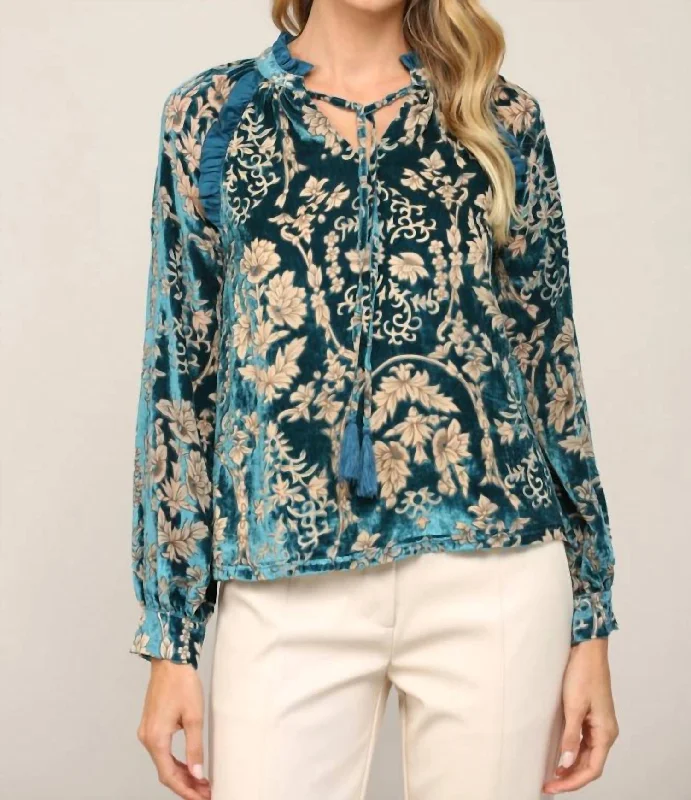 Women's Travel Attire Burnout Velvet Blouse In Teal