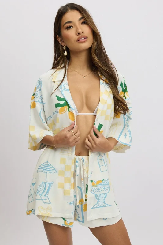 Women's Plus-Size Apparel Yellow Abstract Relaxed Shirt Short Sleeve