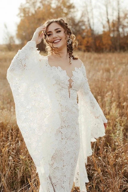 Women's Evening Wear Outfit Elegant Lace Long Sleeve Mermaid Sweetheart Neck Covered Button Wedding Dresses
