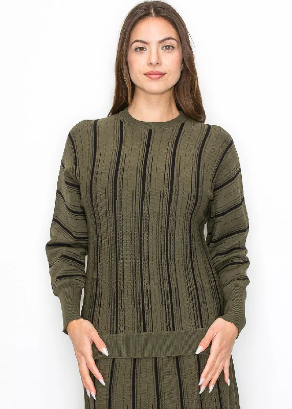 Women's Elegant Evening Outfit Olive Knit Sweater with Vertical Stripes