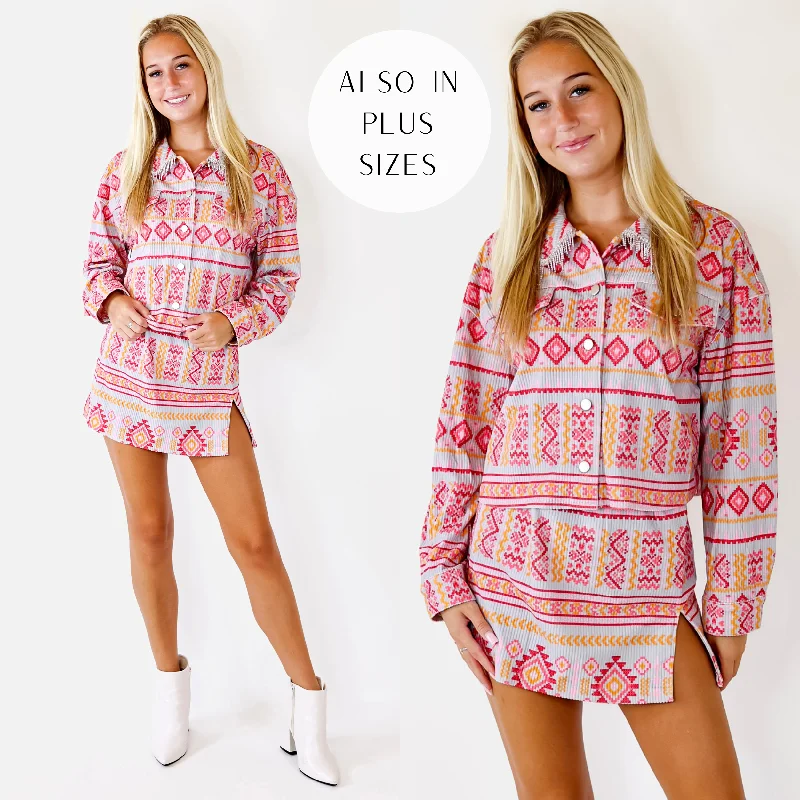 Women's Holiday Apparel Music For The Soul Button Up Corduroy Aztec Print Jacket with Crystal Fringe in Grey