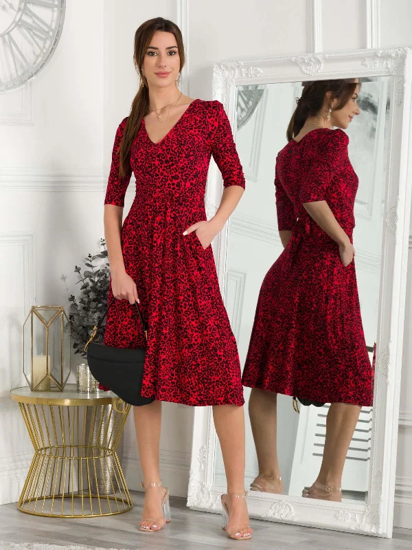 Affordable Fashion Clothing For Women Valeria Viscose Midi Dress, Red Animal