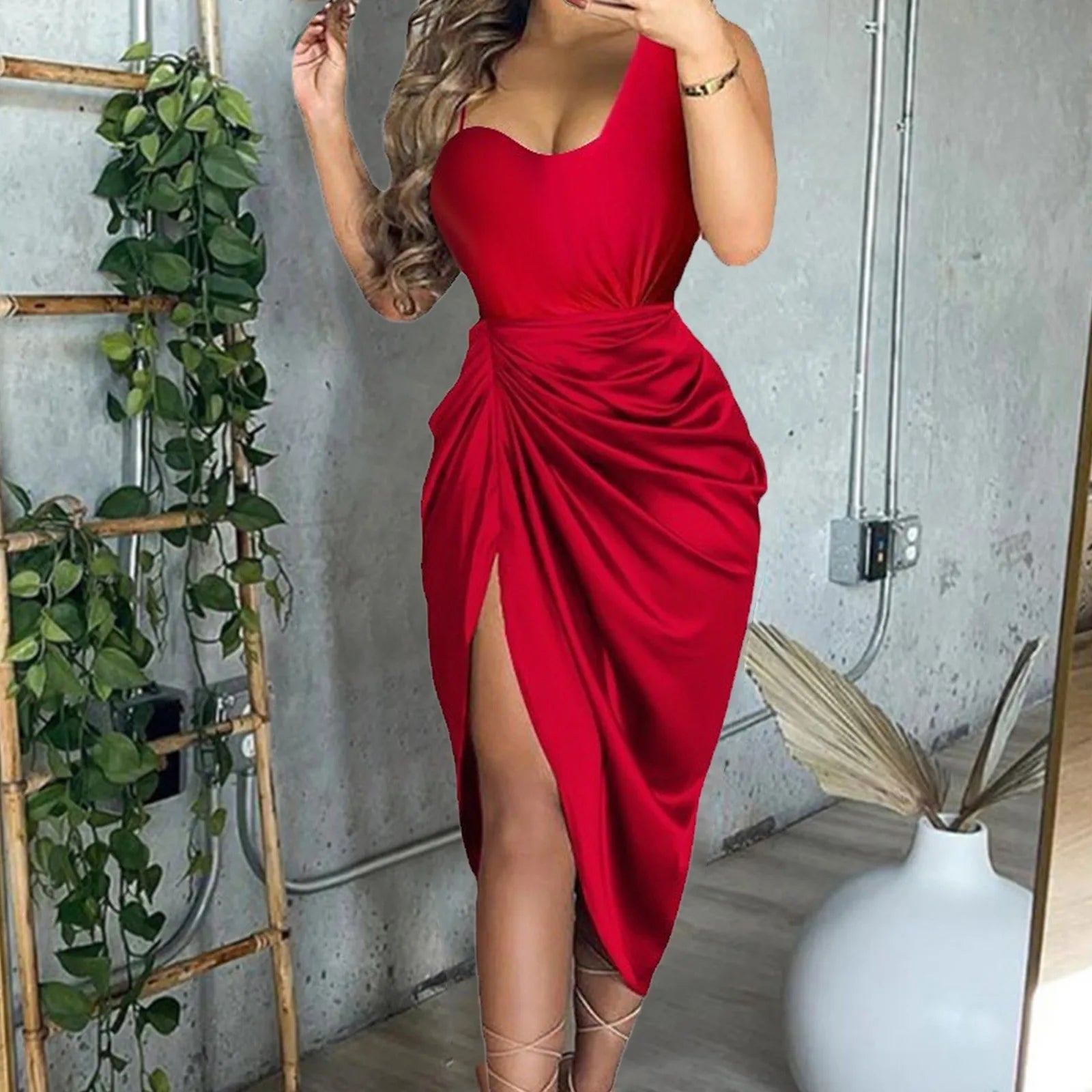 Chic Clothes For Women Wedding Guest For Women Solid Color Side Slit Smocked One Shoulder Evening Casual Party Midi Dress Chic Clothes For Women Wedding Guest For Women Solid Color Side Slit Smocked One Shoulder Evening Casual Party Midi Dress