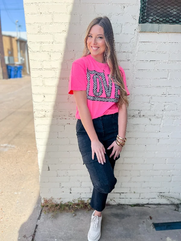 Women's Charming Outfit For Events Funky Checkered Love Tee-Neon Pink