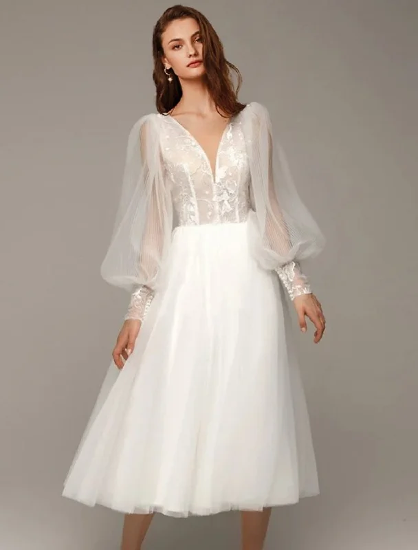 High-Fashion Women's Clothing Hall Vintage 1940s / 1950s Little White Dresses Wedding Dresses A-Line V Neck Long Sleeve Tea Length Satin Bridal Gowns With Appliques